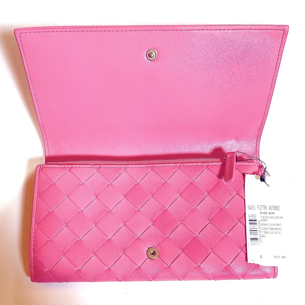 Bottega Veneta Intrecciato Large Flap Wallet Pink Fuchsia Leather Silver Hardwar - Picture 2 of 6